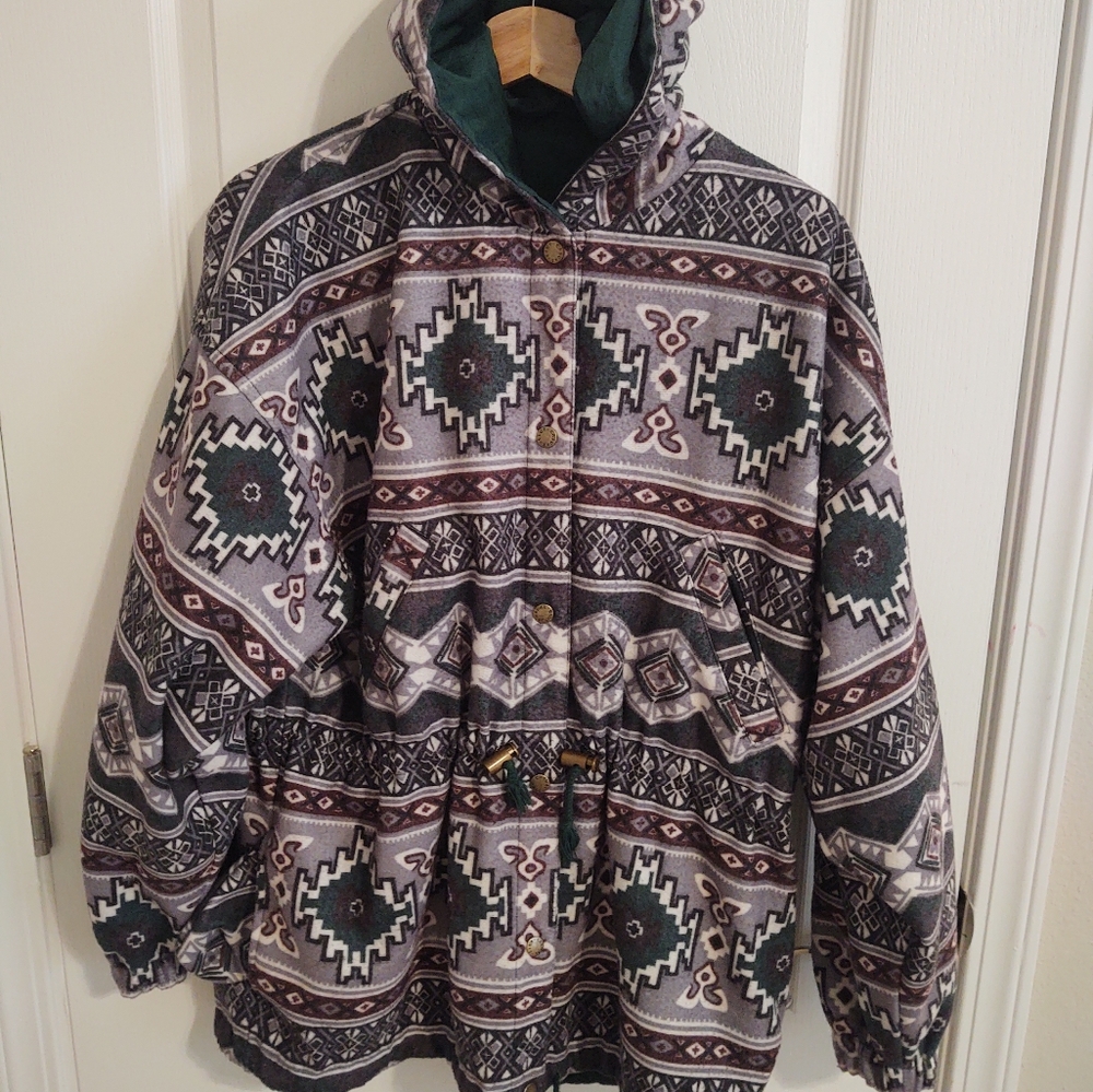 Vintage Casual Club Reversible Snap Jacket Aztec Southwest Fleece Nylon Medium